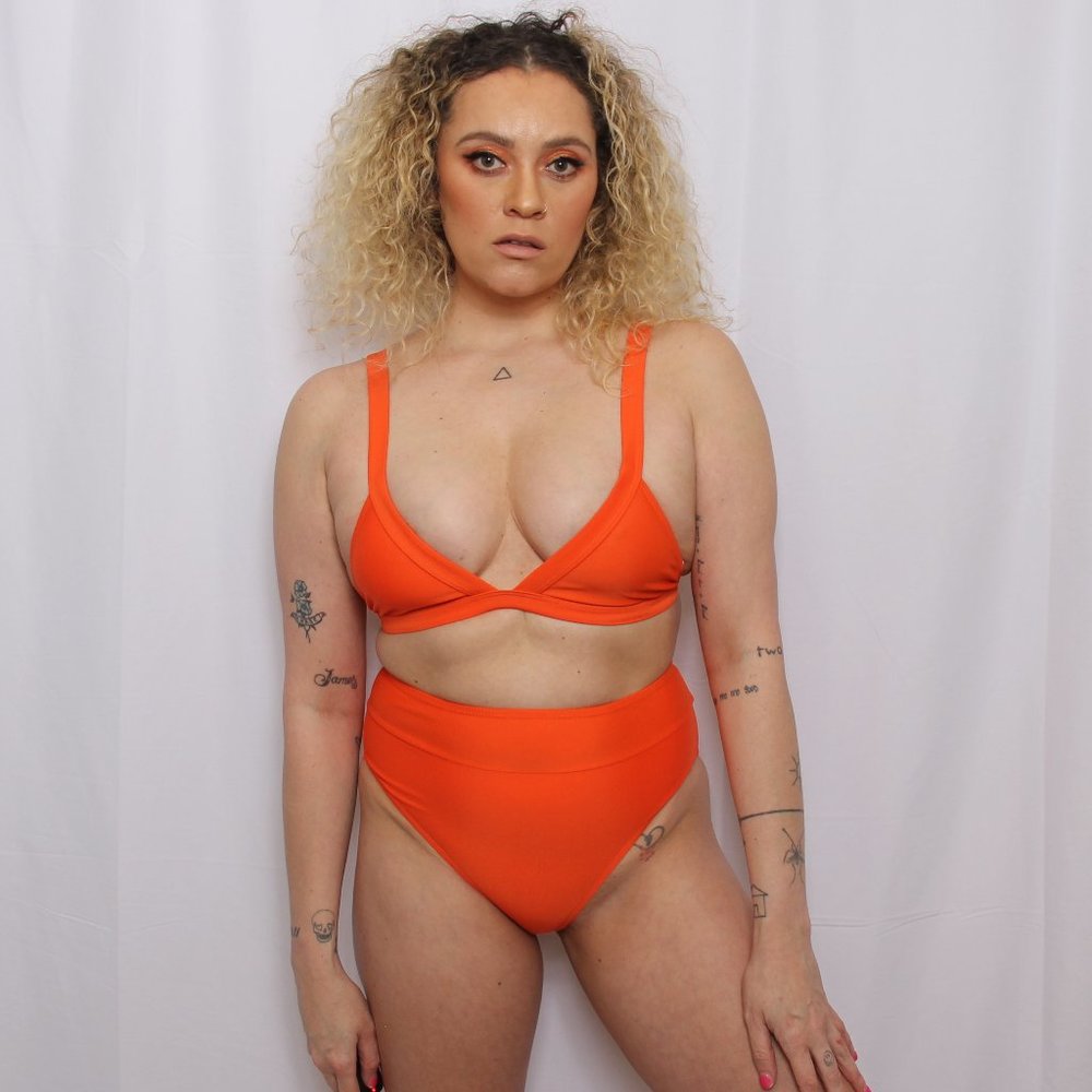High Waist Cheeky Bottom Triangle Bikini In Orange - image 1